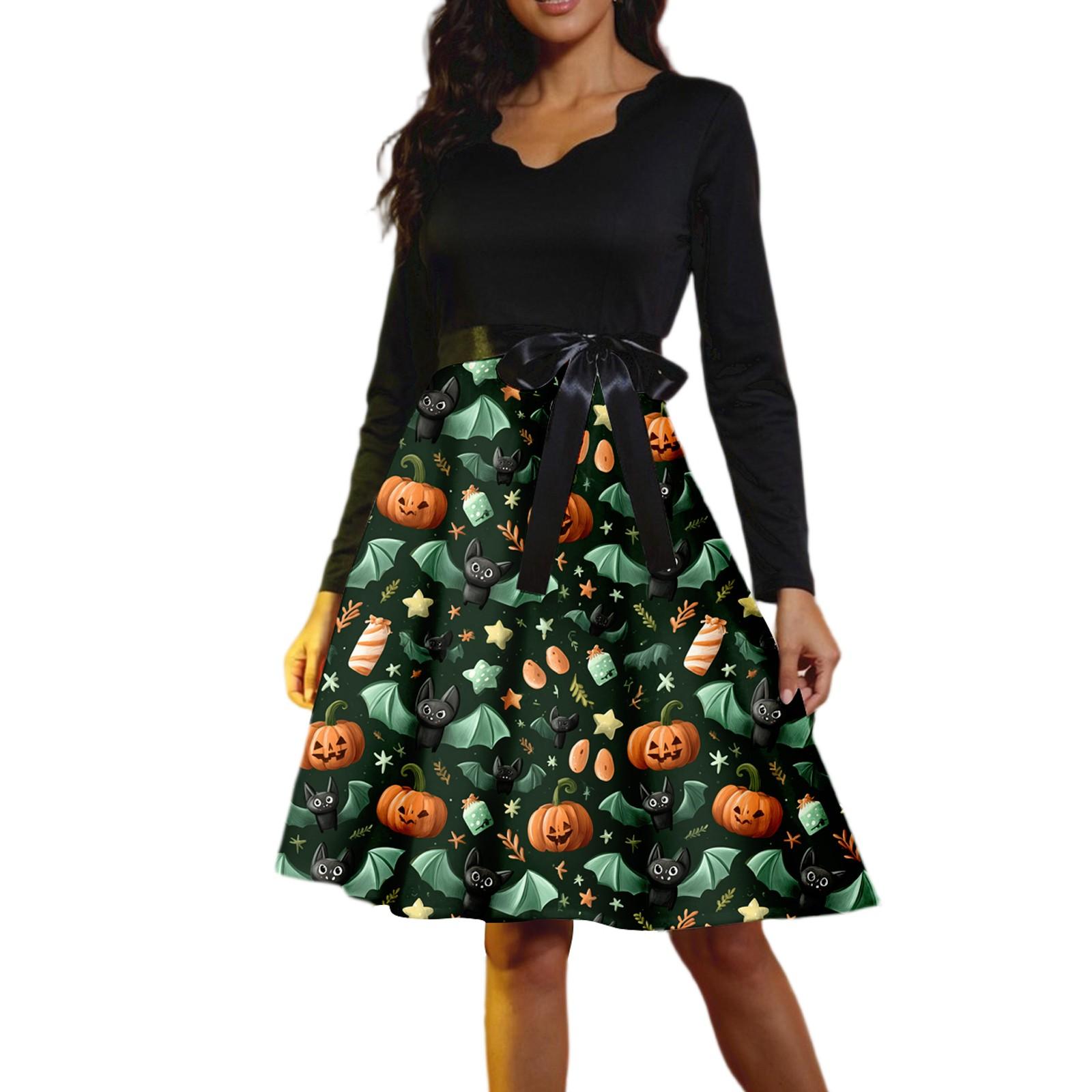 

Женские повседневные модные винтажные длинные платья с длинным рукавом на Хэллоуин и графическим принтом S зелёный