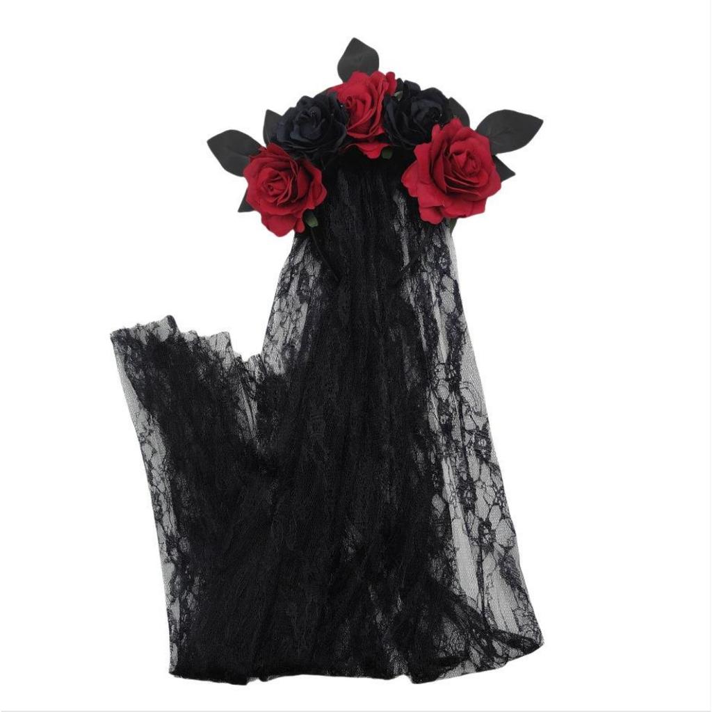 Halloween Headband Wreath Simulated Rose Flower Headband Lace Veil Bridal Party Headband Headband