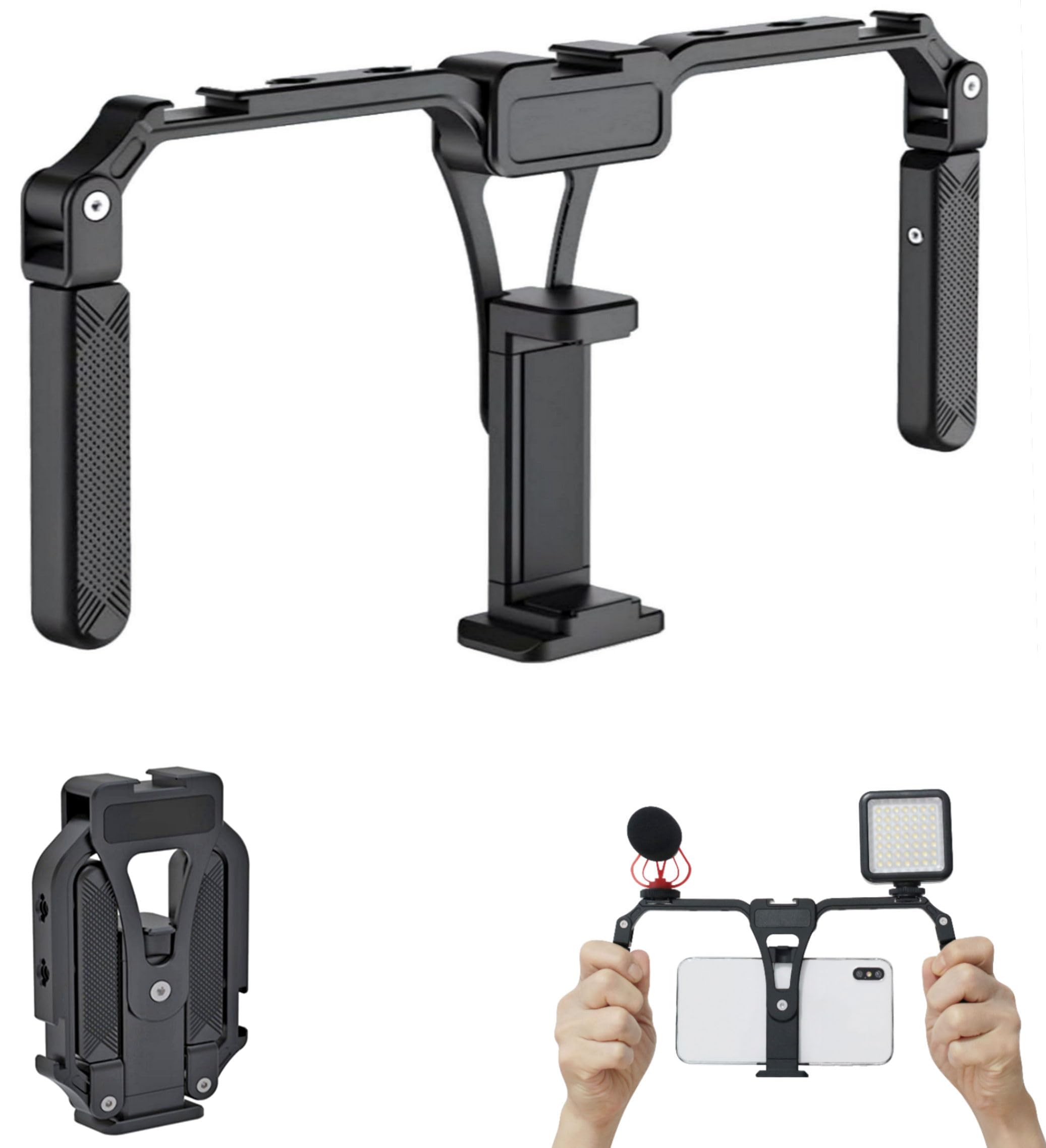 

Стабилизатор для видеосъемки на смартфон с рукояткой, креплением «холодный башмак», ручкой, штативом для смартфона, складной риг, клетка, адаптер, индикатор, держатель, крепление 1/4 дюйма, чёрный