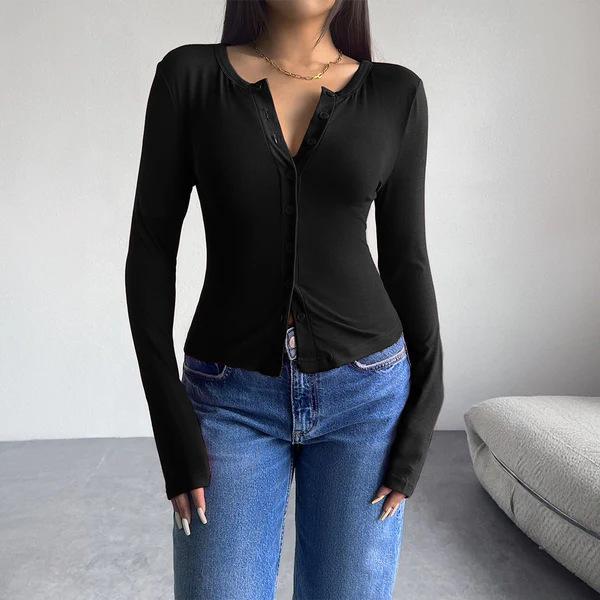 Autumn 2024 Y2K Slim Fit Solid Color Cardigan with Row Buttons - Long Sleeve T-shirt in European and American Pure Desire Style.