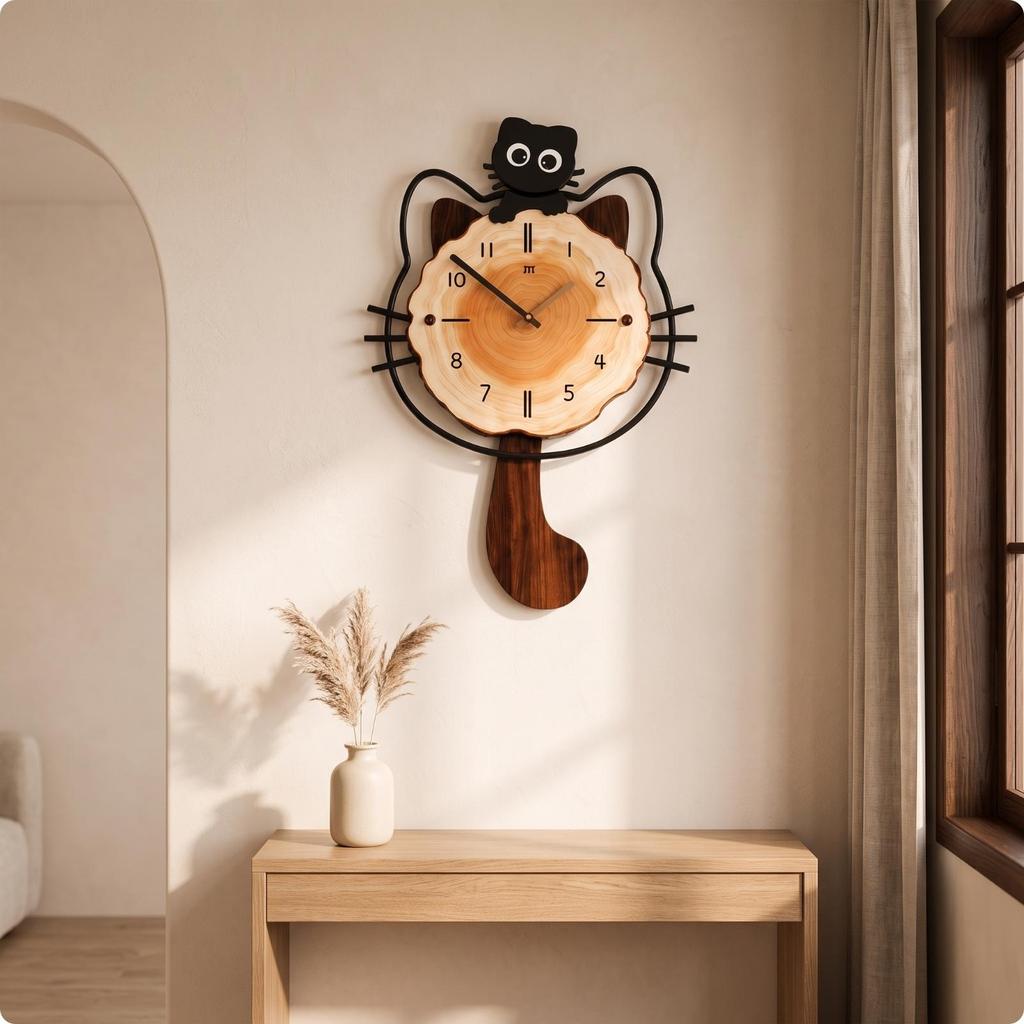 Cat-Shaped Wall Clock Modern-Vintage Cat Decorative for Living Room