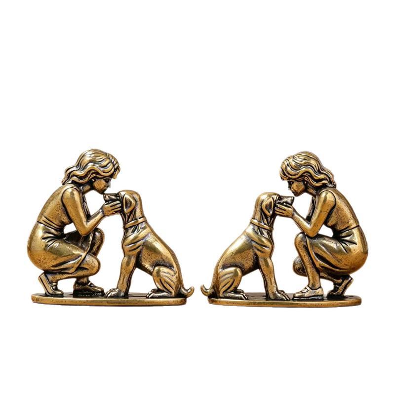 Messing Mädchen Hund Figur Haus Schreibtisch Ornament Retro Figur Kleine Dekorationshandwerke Kreative Dekoration