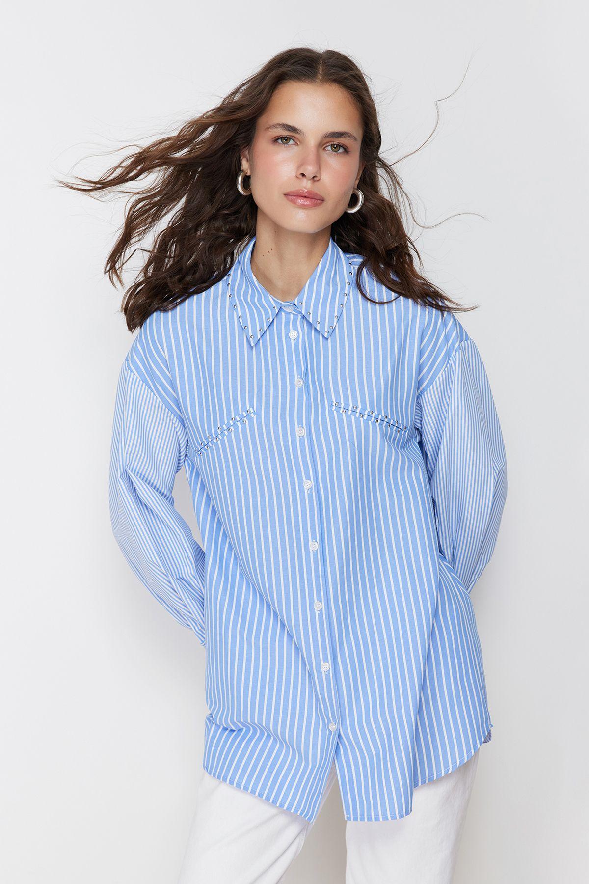 

Women s Fashion Blue Stone Detailed Cotton Woven Striped Shirt S