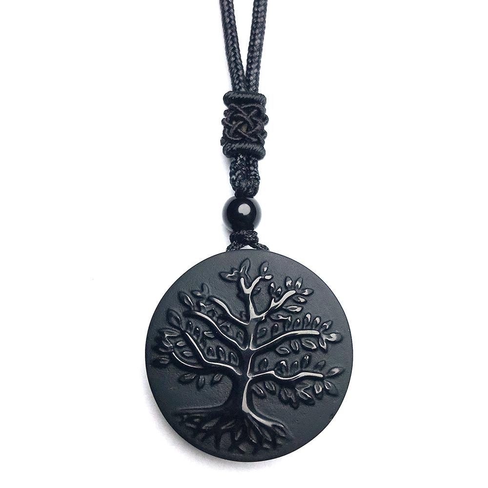 Natural Obsidian Tree of Life Healing Crystal Pendant Necklace - Jade Protection Charm