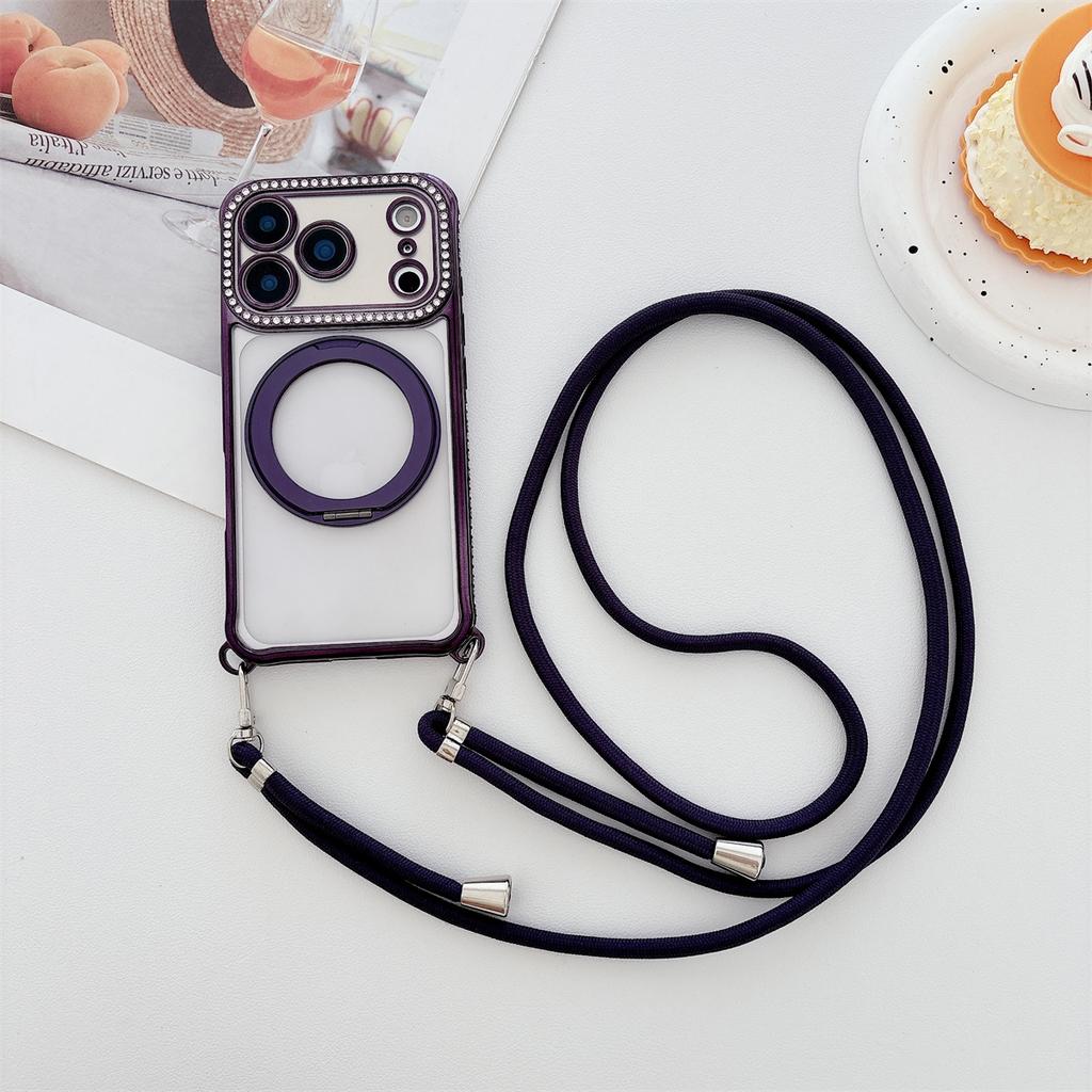 Crossbody Lanyard Electroplated Rotating Stand Magnetic Phone Case for IPhone Air 17 16 Plus 15 14 13 Pro Max for Magsafe Cover