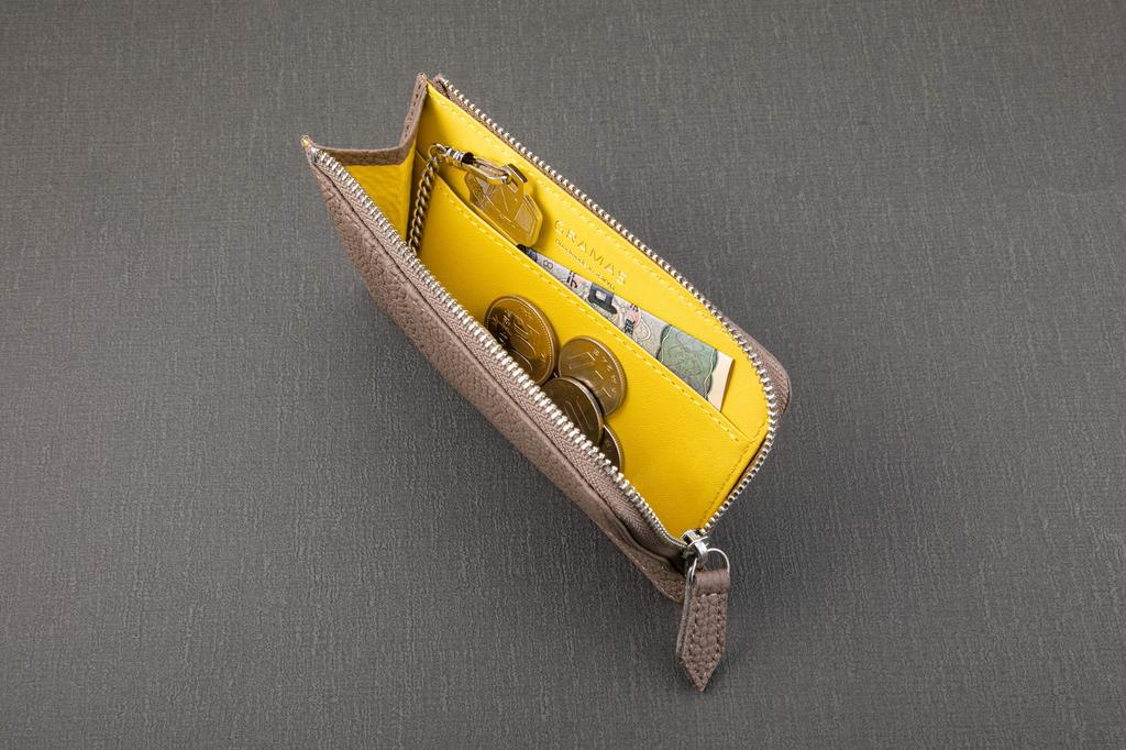 [GRAMAS] Flaches Reißverschlussportemonnaie aus geschrumpftem Kalbsleder in Rot mit echtem Leder-L-förmigem Reißverschluss und Schlüsselanhänger