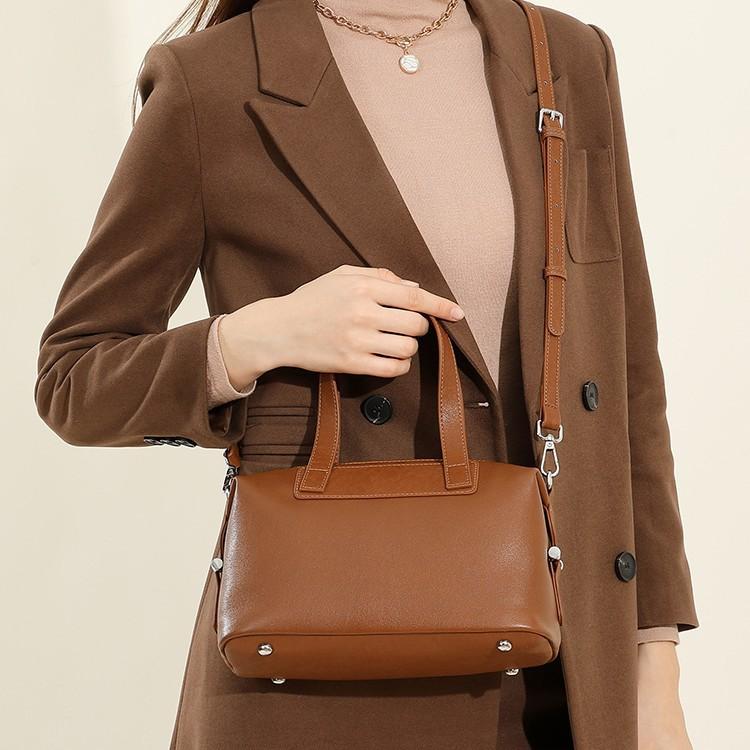 Vintage Boston Women's Bag Large Capacity Handbag Cowhide Bag Single Shoulder Crossbody Vegetable Tanned Cowhide Genuine Leather Texture Handbag