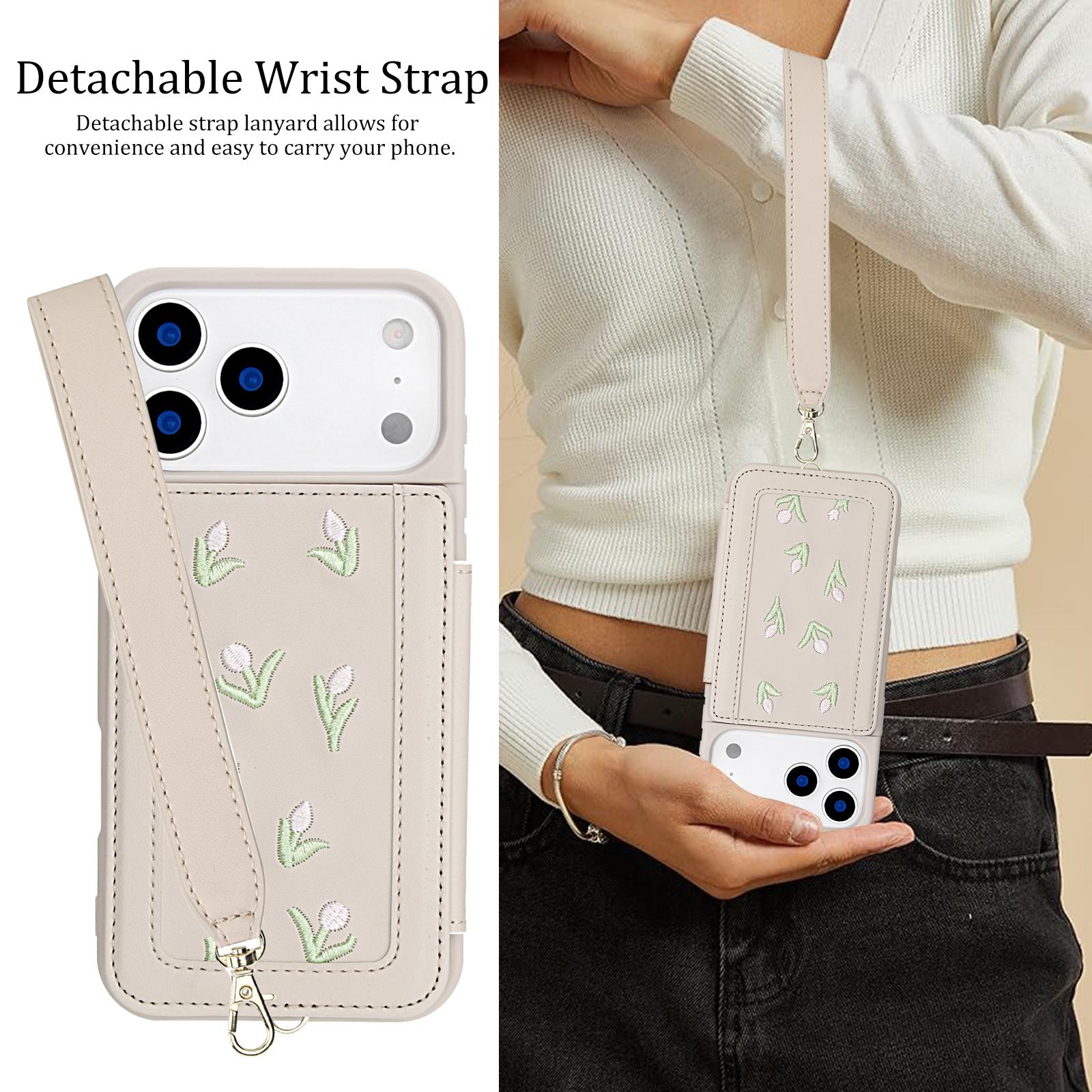 

Embroidered Leather Case for iPhone 17 Pro Max Air 16 E 15 14 Plus 13 12 11 Card Holder Magnetic Wallet Flip Cover with Lanyard iPhone 11