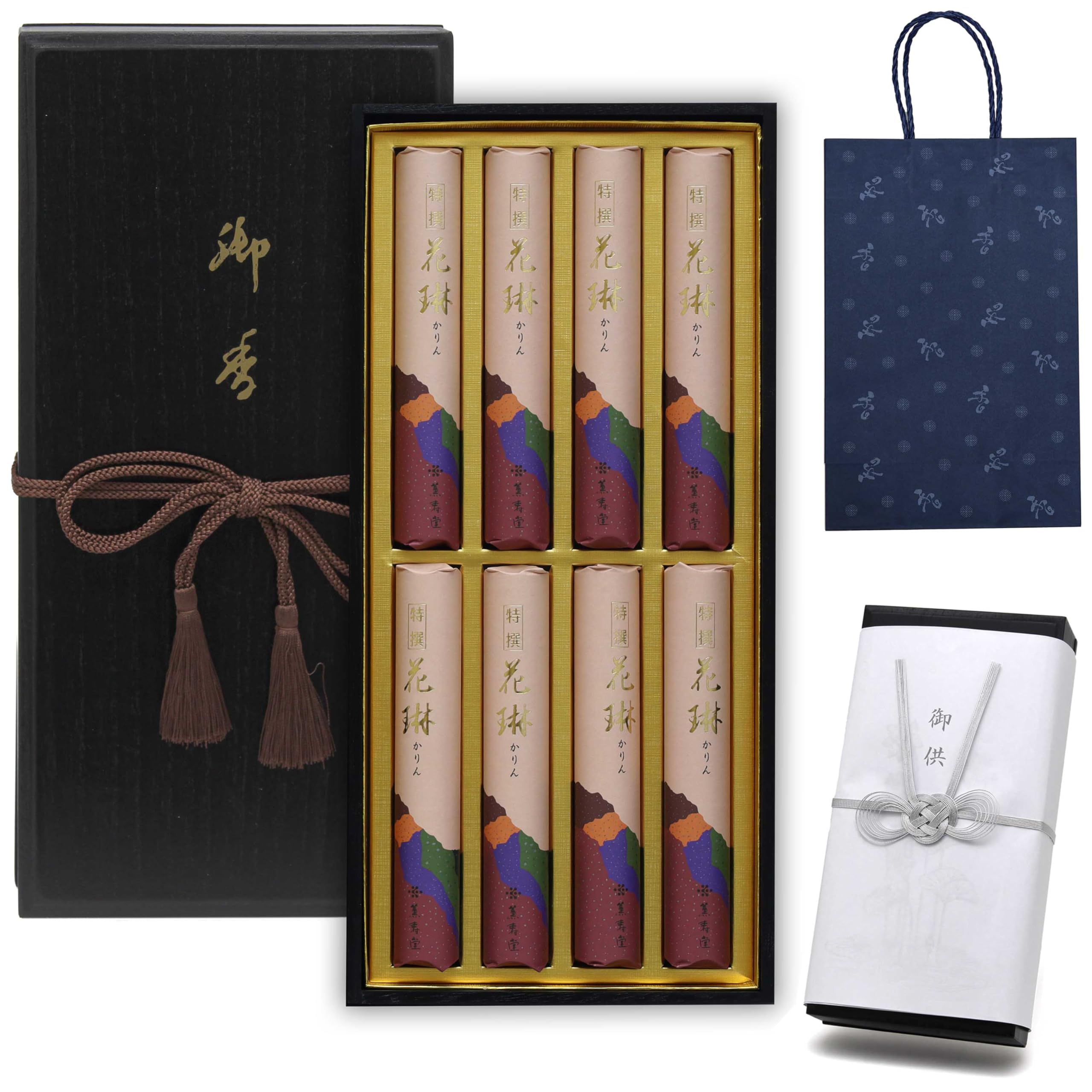 

Sympathy Incense Gift Set in Paulownia Wood Box [Special Selection Karin Sandalwood with Inner Wrapping and Carry Bag] Made in Japan, Low Smoke,