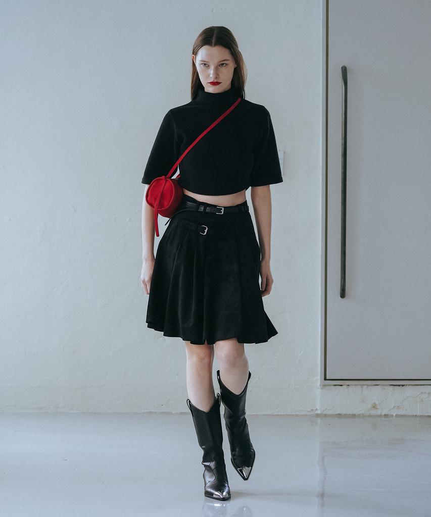 320 Showroom Suede Buckle Pleats Midi Skirt Black