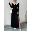 Women's Temperament Long Sleeve Lace Splicing Slimming Side Slit Dresses