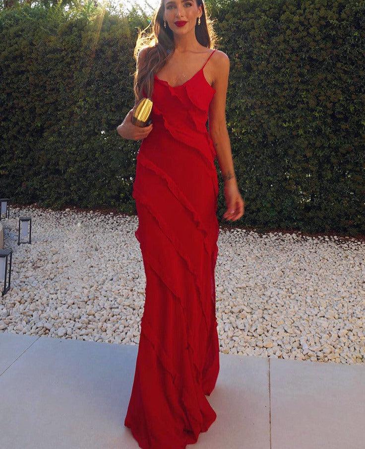 2023 Spring/Summer Backless Spaghetti Strap U-Neck Off-Shoulder Wavy Bodycon Side Slit Maxi Dress