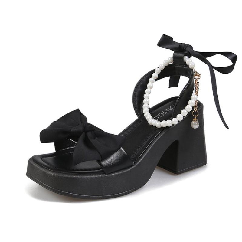 SyfIyno Summer New Collection Coarse Heel Open Toed Women's Pumps Pearl Strap Sandals with Skirts and High Heels