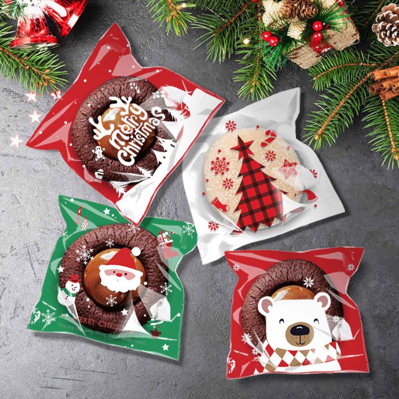 100Pcs Christmas Candy Cookie Bags Self-Adhesive Gift Packaging Biscuit Snack Baking Bag Navidad New Year Xmas Party Supplies