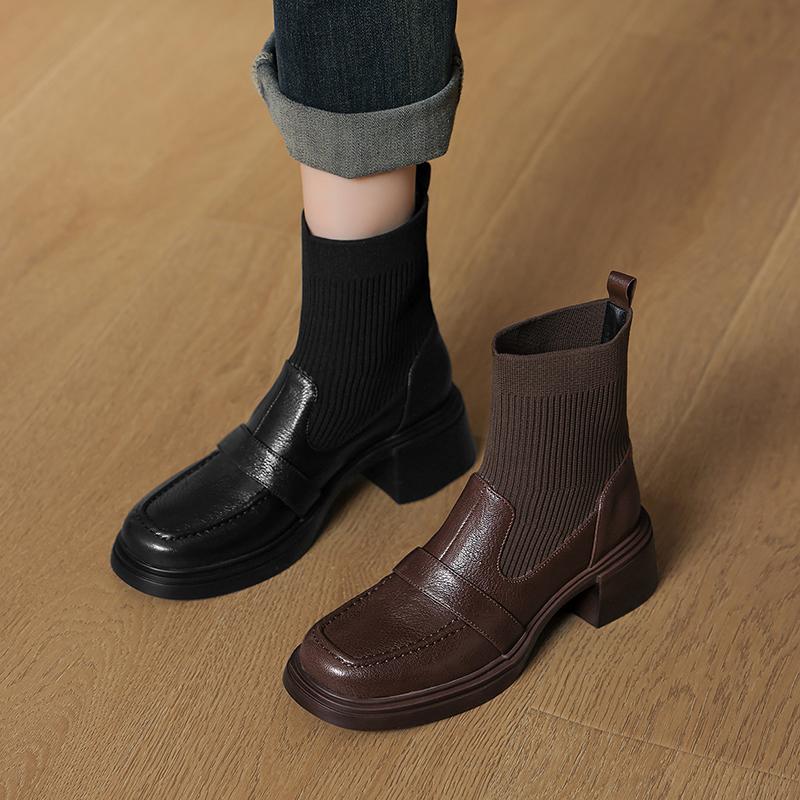 Fashion 2025 New Autumn Women Boots Sheepskin Leather Women Shoes Round Toe Chunky Heel Modern Short Boots Stretch Platform High Heels