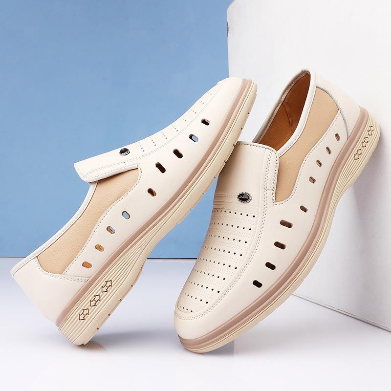 Fashion Business Beige White Men's Shoes Fashion Leather Casual Light Middle-aged Shoes for Men Newdesigner Spring Autumn Hollow Sandals