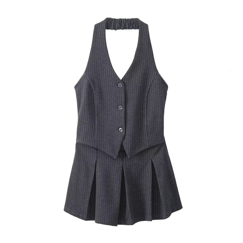 

Kaslead New Arrival Women s Fashion Style Stripes Wide Pleated Skirt Hem Vest Dress 0264306 Gray L
