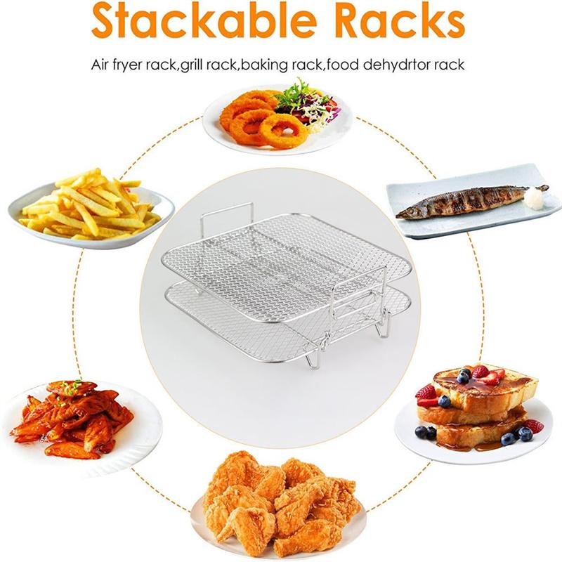 2-Layers Air Fryer Rack Stainless Steel Stackable Grid Grilling Rack Basket for 5-6.8QT Air Fryer Oven Steamer Cooking BBQ Tool