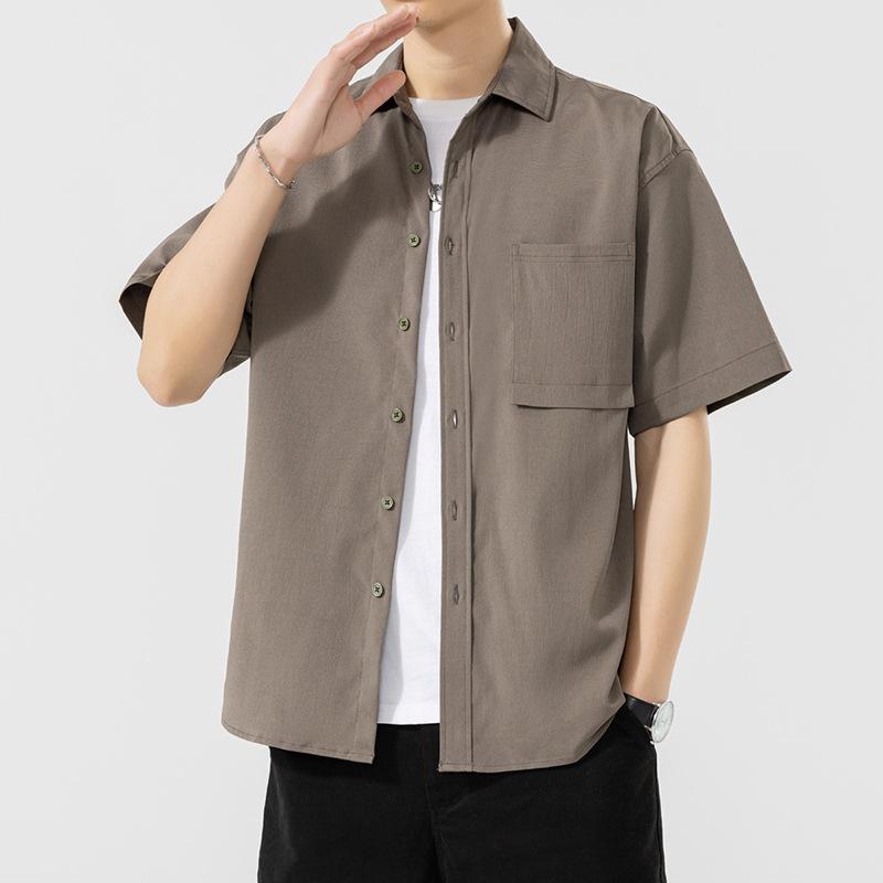 Solid Color Short-sleeved Shirt Men's Tooling Shirt Jacket Casual Versatile Loose Lapel Non-ironing