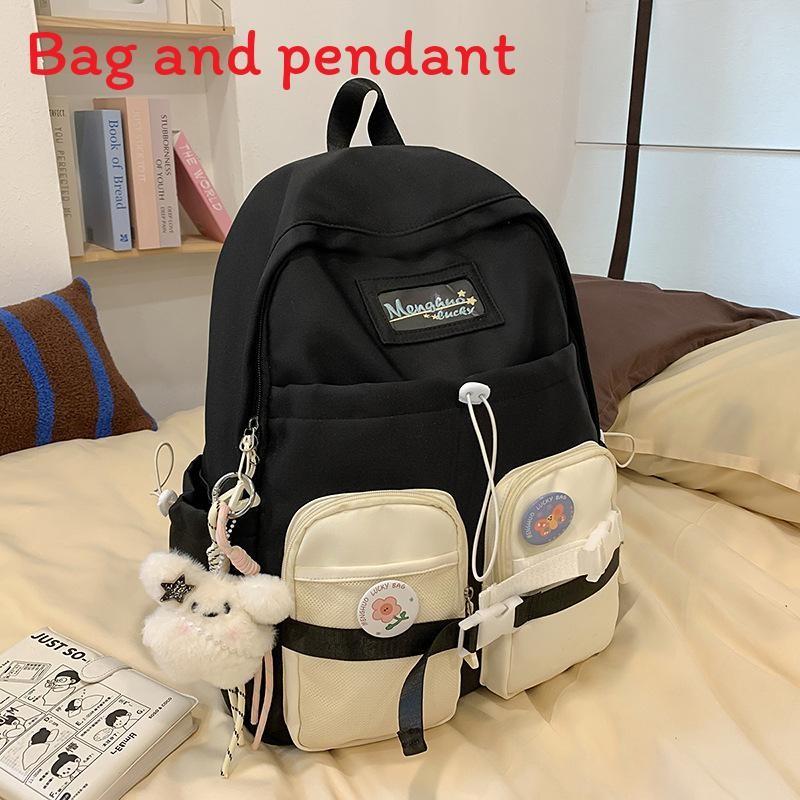 

Simple Color Blocked Letter Drawstring Decor Large Capacity Student Backpack For Girls Black