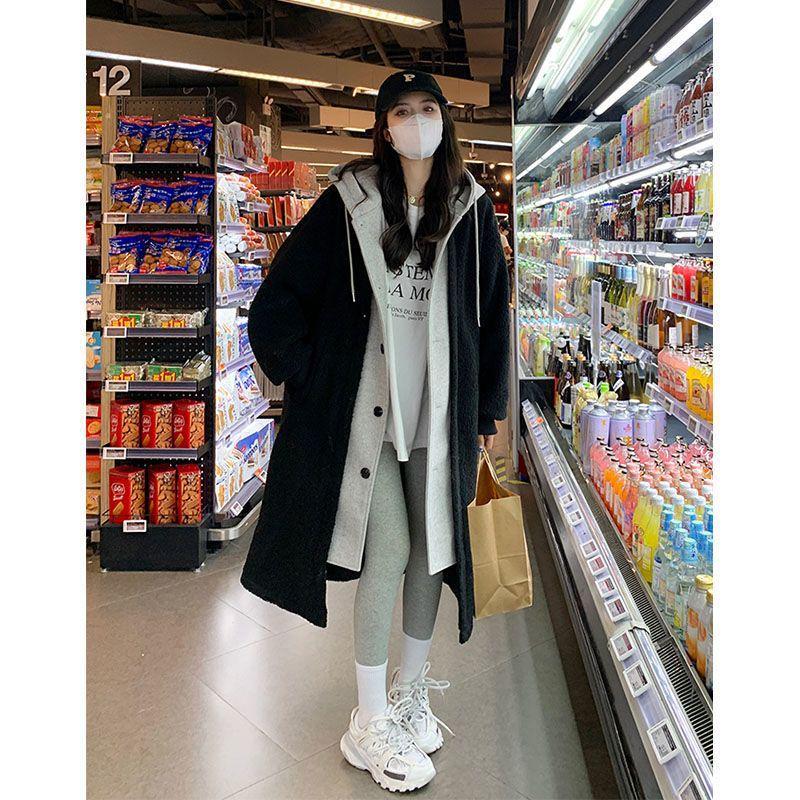 Chic Korean 2025 Autumn/Winter Long Hooded Lambswool Skirt Jacket