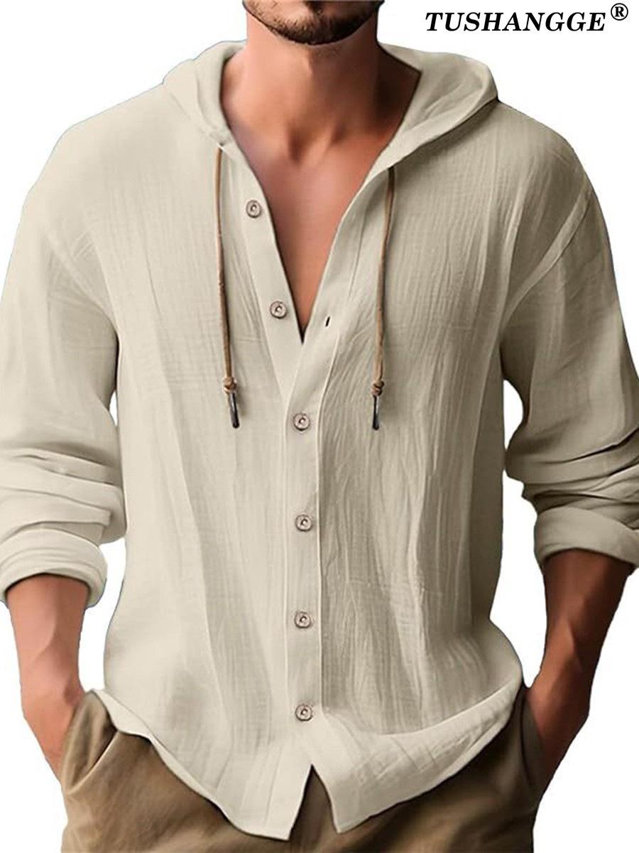 

Мужская повседневная футболка с капюшоном и длинным рукавом из хлопка и льна, весна/лето 2025 L хаки