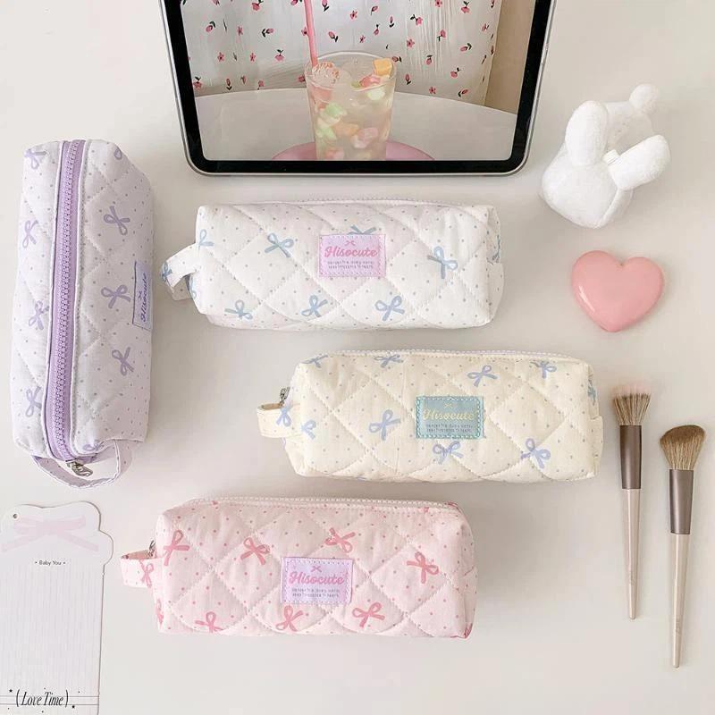 Polka Dots Bow Pencil Bag Large Capacity Multi-Function Stationery Storage for School Office Travel Cosmetic Organizer