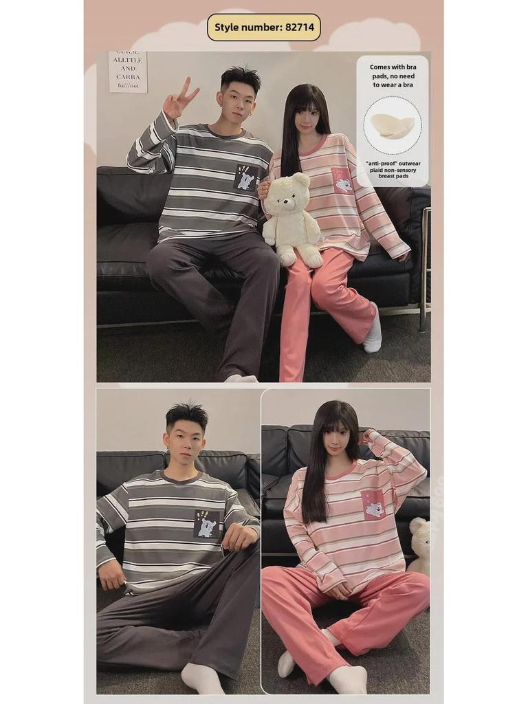 Koreanische Cartoon-Pyjamas für Paare mit Brustpolstern - Langärmlig für Herbst/Winter