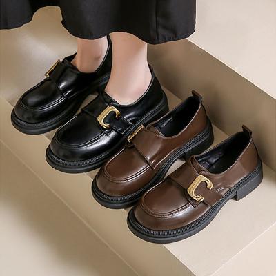 Mocassins Britanniques pour Femmes Boucle Métallique Talon Large Plateforme Semelle Souple Cuir Chaussures Fines Chaussures Décontractées pour Femmes Mocassins Préppy à Talon Bas