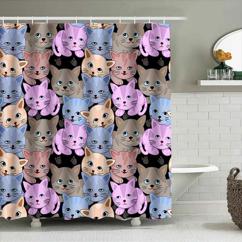 Adorable Cat Pattern Shower Curtain 3D Printed Polyester Fabric Customizable Designs For Bathrooms High-Quality Decorative Item