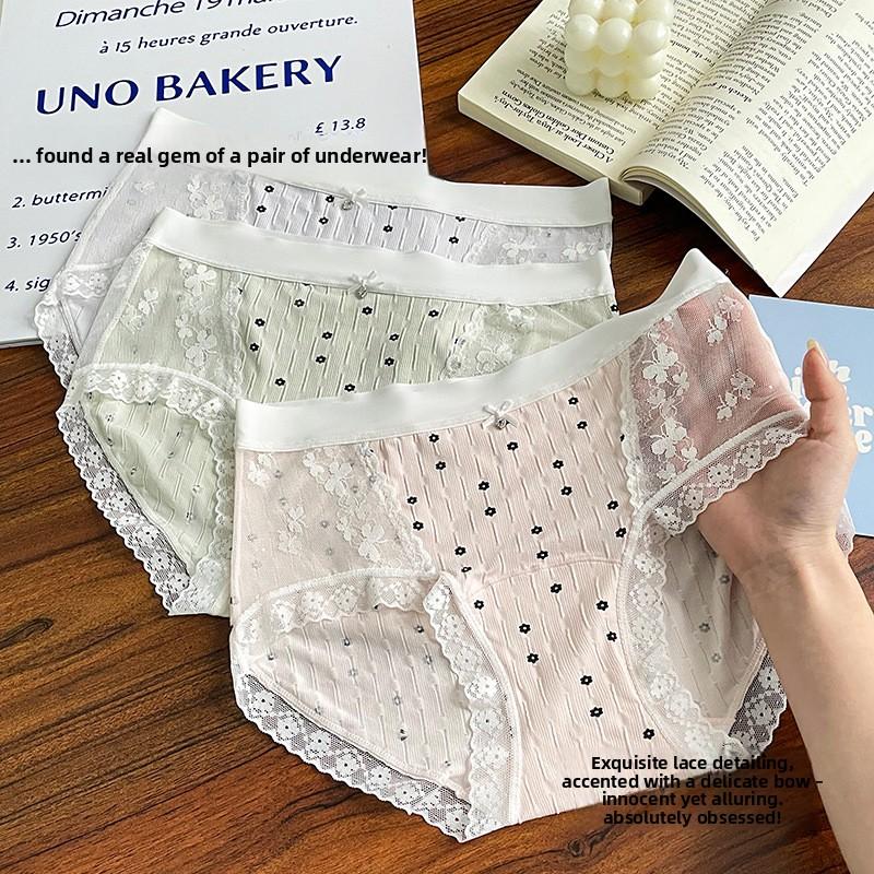 Ladies Spring and Autumn Simple Sexy Lace Stitching Mesh Breathable Mid-waist Underwear