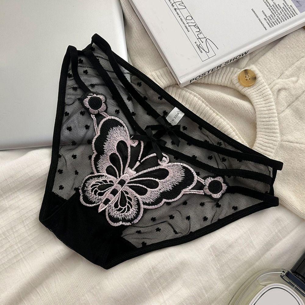 Low-Waist Butterfly Embroidery Bow Underpants Transparent Flower Mesh Slim Panties  Women