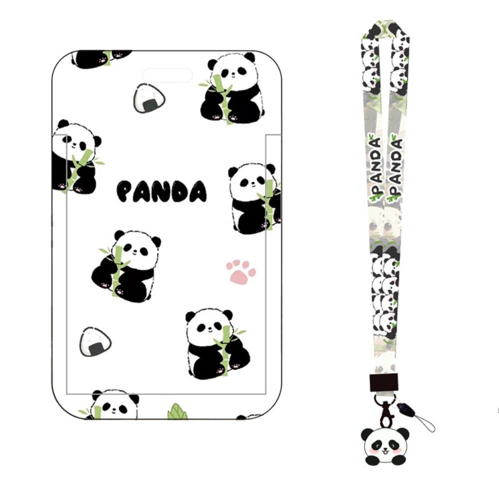 New Panda Printing Plastic Card Holder with Long Lanyard Slide Card Case ID Card Protective Cover