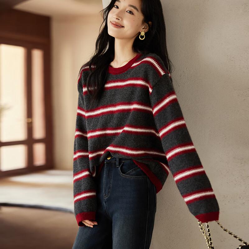 VICTORIA&VERA Women's Raccoon Velvet Wool Blend Striped Round Neck Long Sleeve Knitted Sweater