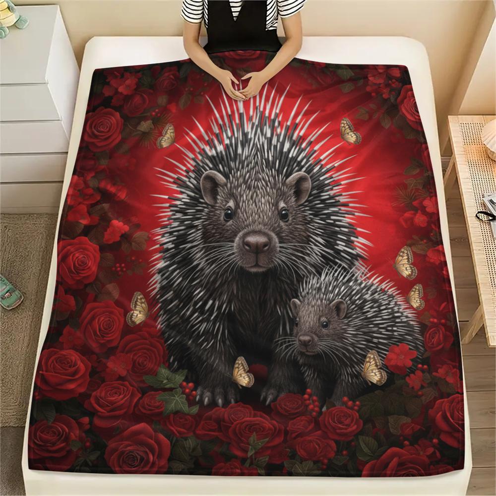 1PC Red Rose Animals Print Flannel Blanket, High Quality All Seasons, Home Decor, Warmth and Comfort, Perfect for Christmas Gifts