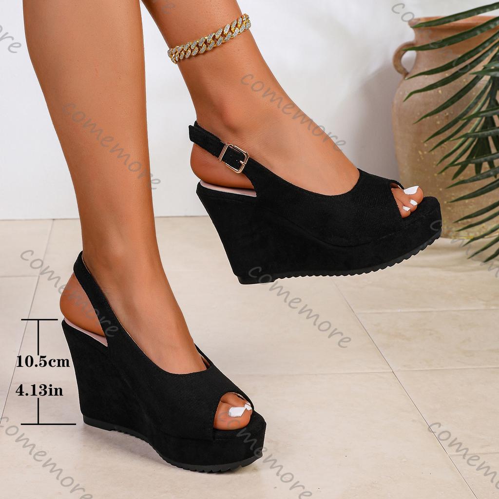 Fashion Comemore Summer Platform Wedges Sandals for Women Black Suede Peep Toe Female Shoes Fashion High Heels Ladies Large Size Sandal