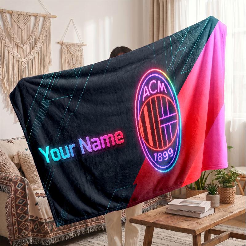 Couverture polaire personnalisée AC Milan avec logo de football, texte de nom personnalisé, couverture d'appoint douce et chaude pour la maison