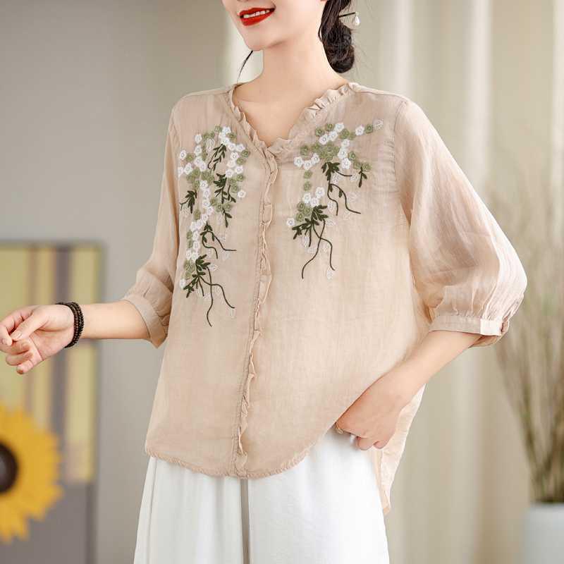 

Ретро вышитая льняно-хлопковая рубашка с кружевным воротником для женщин XL абрикосовый