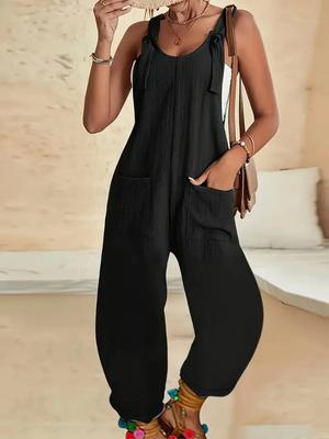 Casual Jumpsuit Round Neck Loose Fit Tank Jumpsuit with Pockets