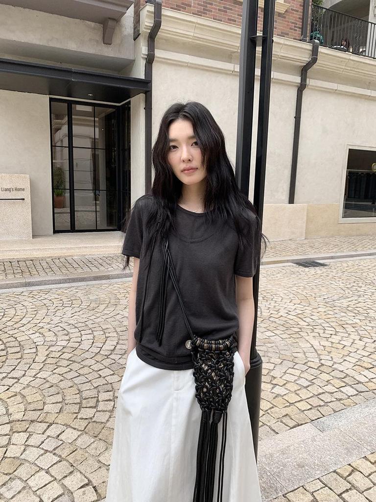 MMC Women's Spring-Summer 2026 Wool Korean Style Short Sleeve T-shirt & Inner Vest Set
