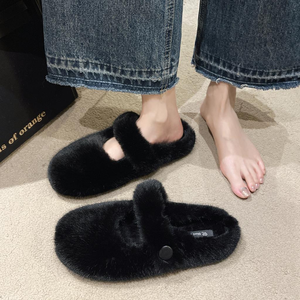 French flat-bottomed fluffy slippers for women's outer wear 2025 new autumn and winter one-pedal versatile plush cotton slippers