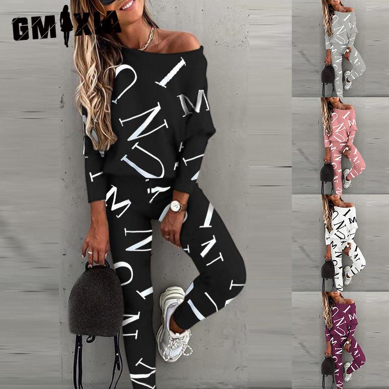 GMXIA Set Autunnale Casual da Donna a Maniche Lunghe e Pantaloni Lunghi con Stampe di Lettere
