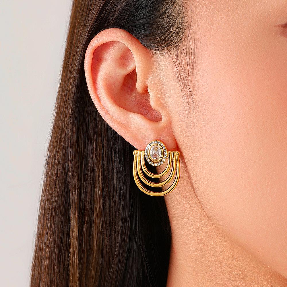 18K Gold Vacuum-Plated Stainless Steel Zirconia Stud Earrings - Women's High-End European American Retro Style, Waterproof with Polished Finish