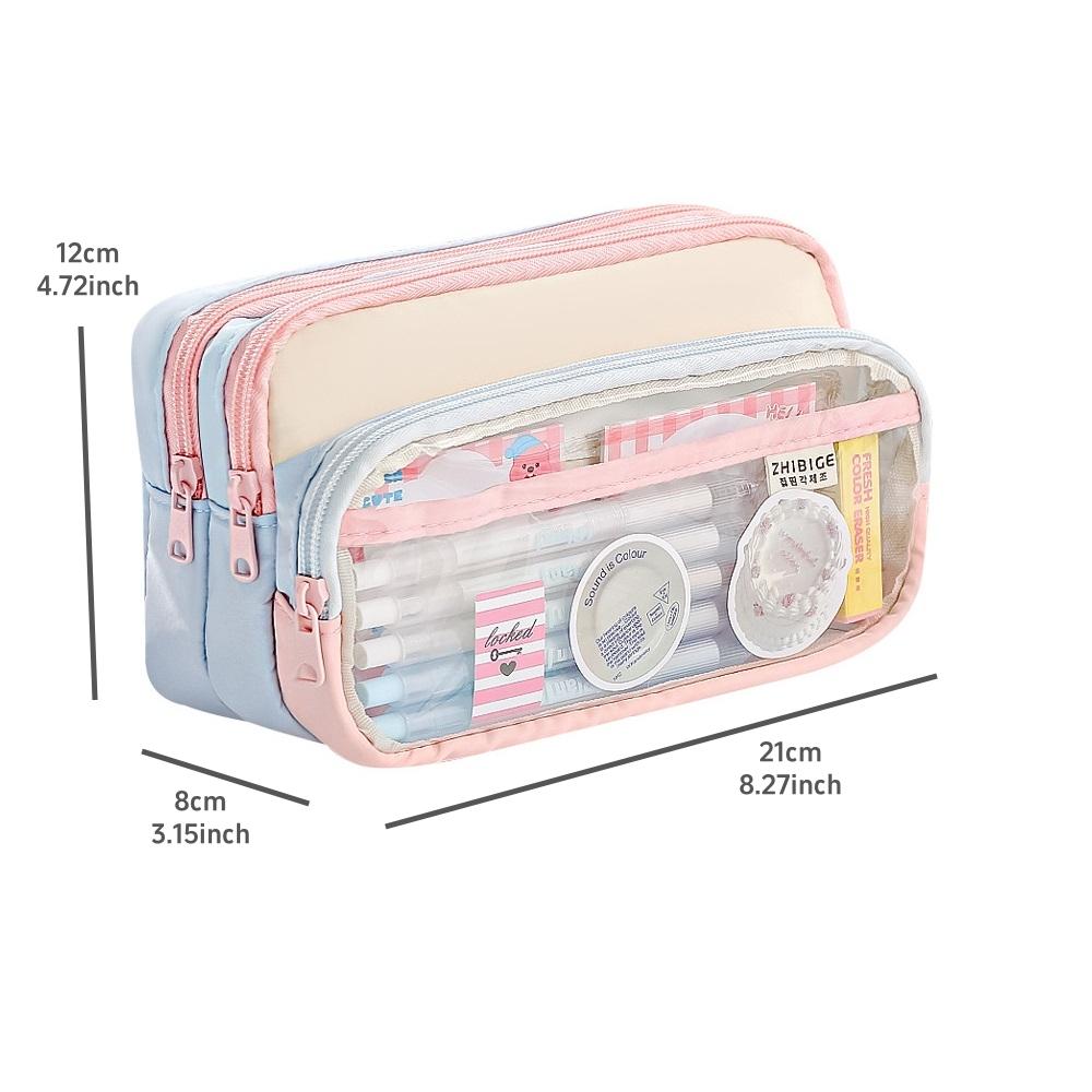 Cream Pencil Bag Pen Case Hitting Color Blocked Staged Type Transparent Front Pocket Storage Pouch for Stationery