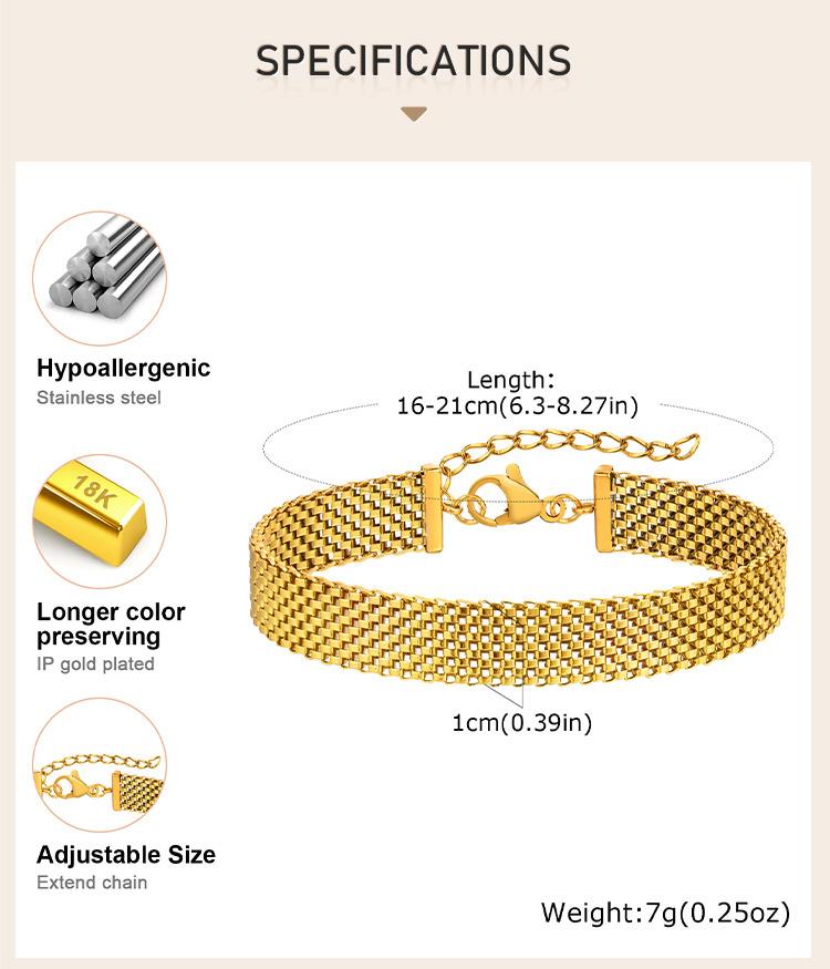 Stainless Steel Chain Women Bracelet, Wide Brand Mesh Link Adjustable Wristband, 18k PVD Gold Plated Vintage Jewelry