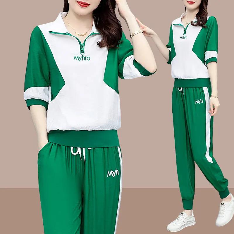 Fashion Half-zipper T-shirt Suit Summer Women's Korean Casual Fashion Running Sportswear Two-piece Suit