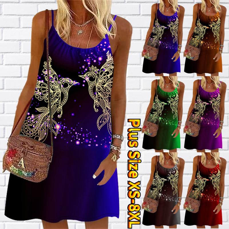 Women Flower Flying Side by Side Printed Mini Dress Sleeveless Party Dress Summer Beach Dress Sundress