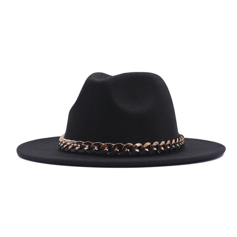 European, American Autumn and Winter British Style Fashionable and Elegant Flat-brimmed Big Eaves Hat Top Hat Men and Women Chain Jazz Woolen Hat