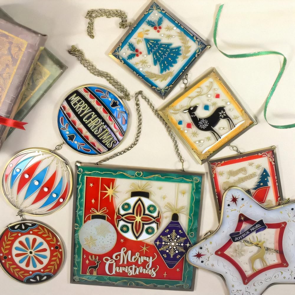 Fourcart Cute Handmade Glass Crafts Christmas Ornament Square x 6 Pieces [Stained Frame]