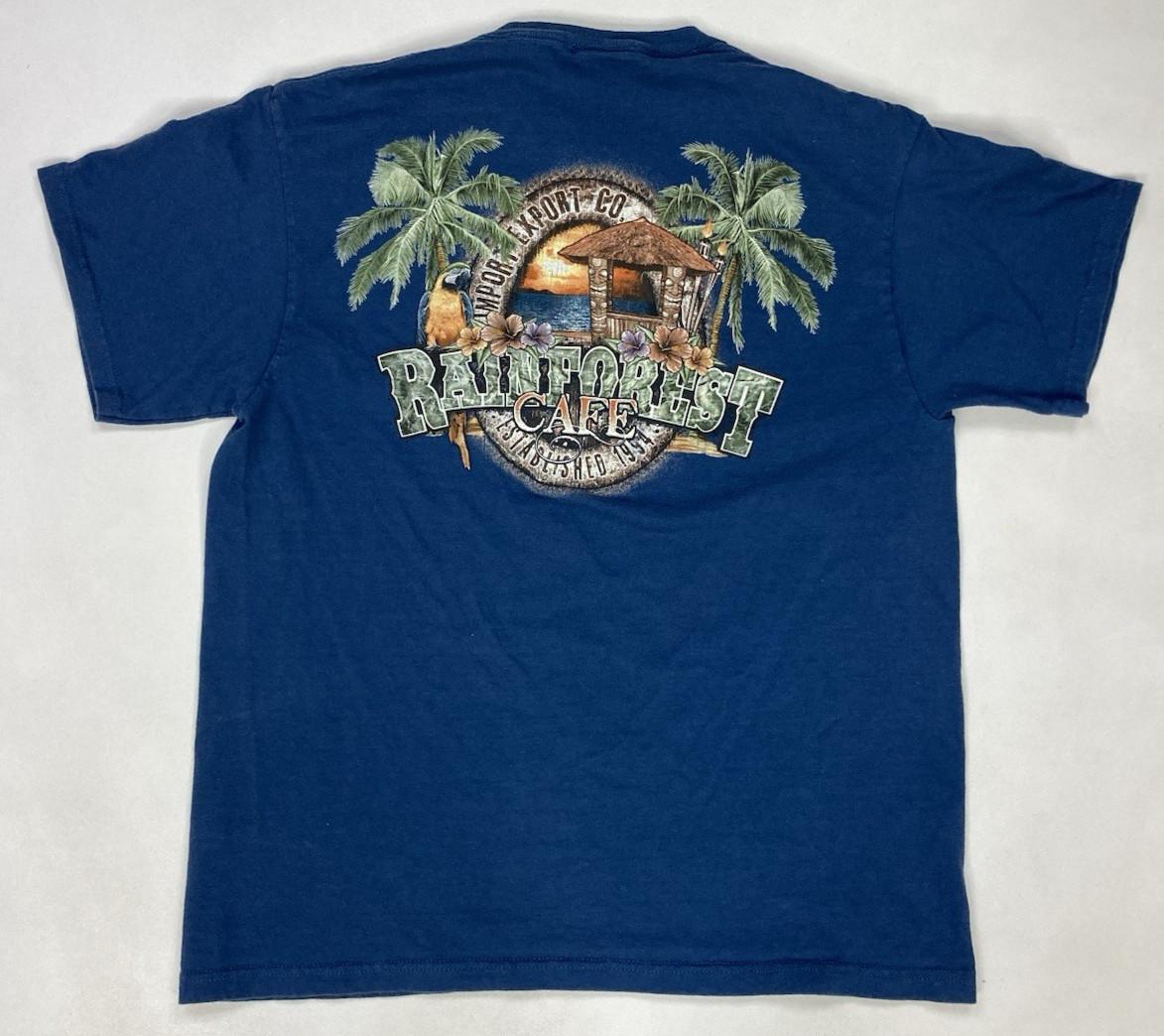 VINTAGE Rainforest Cafe Graphic T-shirt Men Medium Blue Short Sleeve XXL